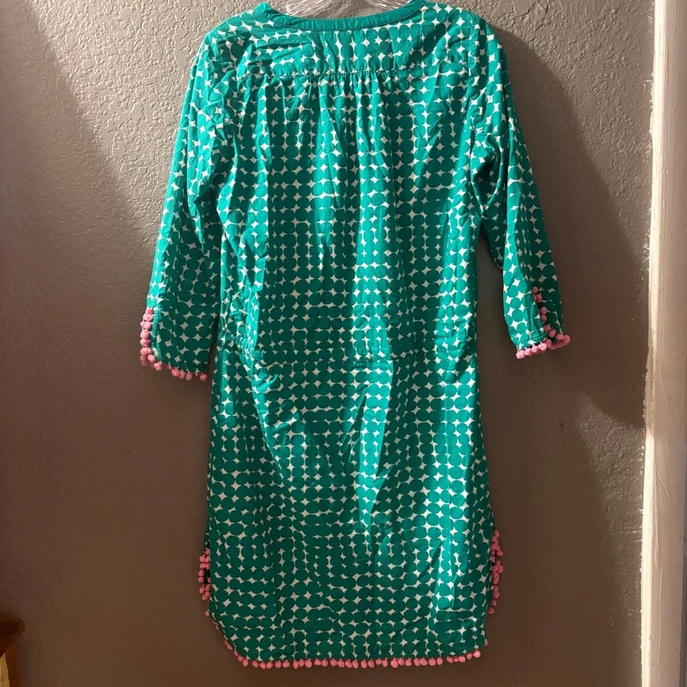 Boden Kelly Green & White Printed Tie-Waist 3/4 Sleeve Dress with Pink Pom Trim - Picture 9 of 13
